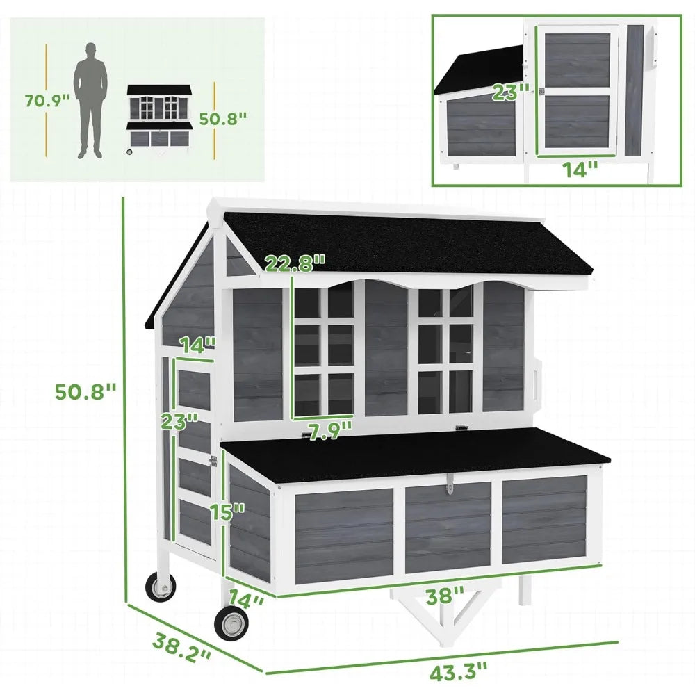 43" Chicken Coop with Wheels Mobile Chicken House with Nesting Box Windows and Perches