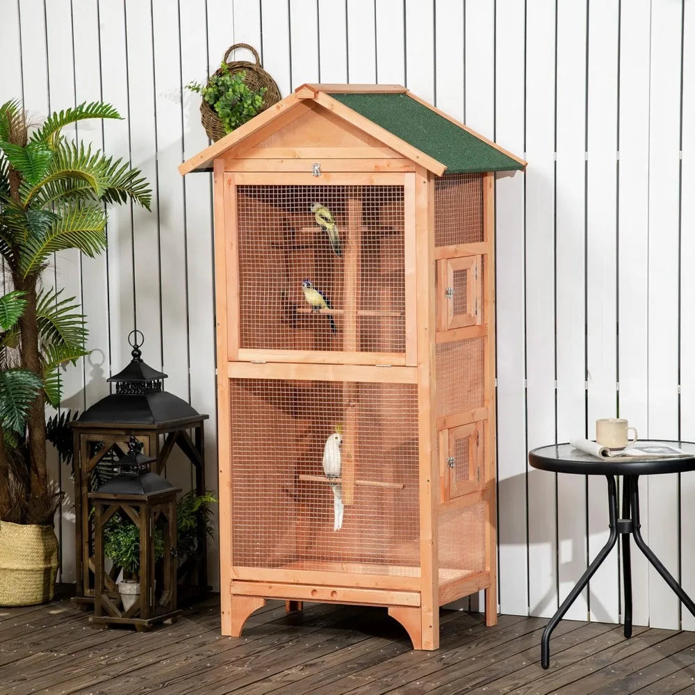 60 Inch Wooden Outdoor Bird Cage for Finches and Parakeets Large Bird Cage with Removable Bottom Tray and Four Perches Orange