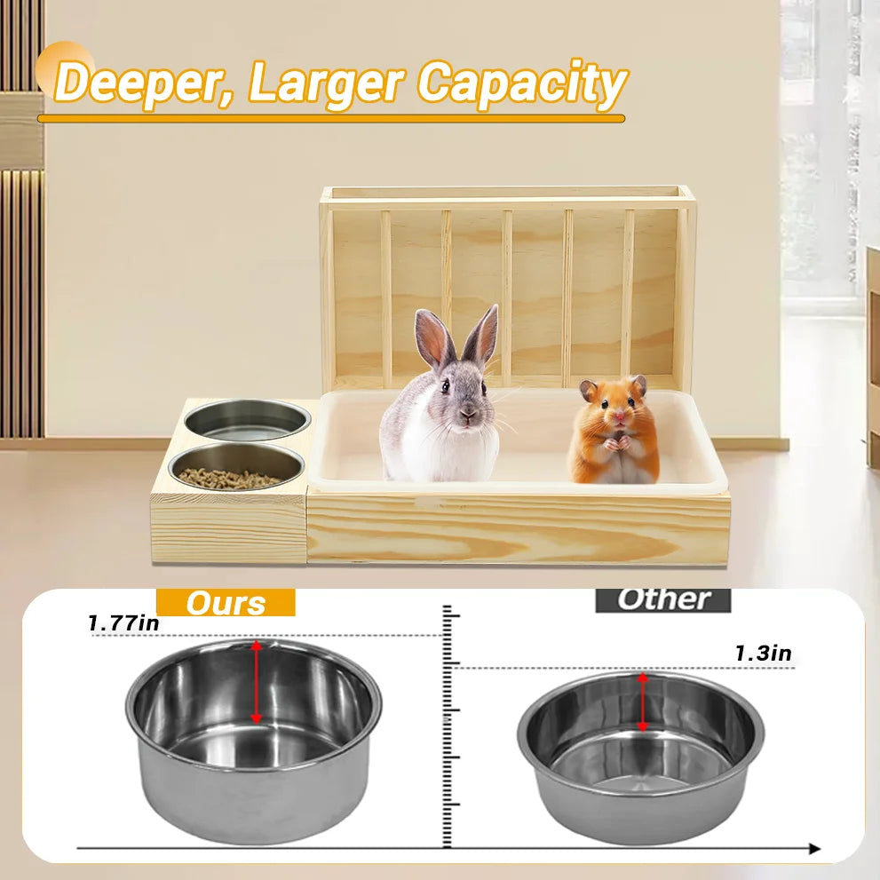 4-in-1 Rabbit Hay Feeder with Litter Box Wooden Toilet Combo Easy Clean 2 Bowls Included