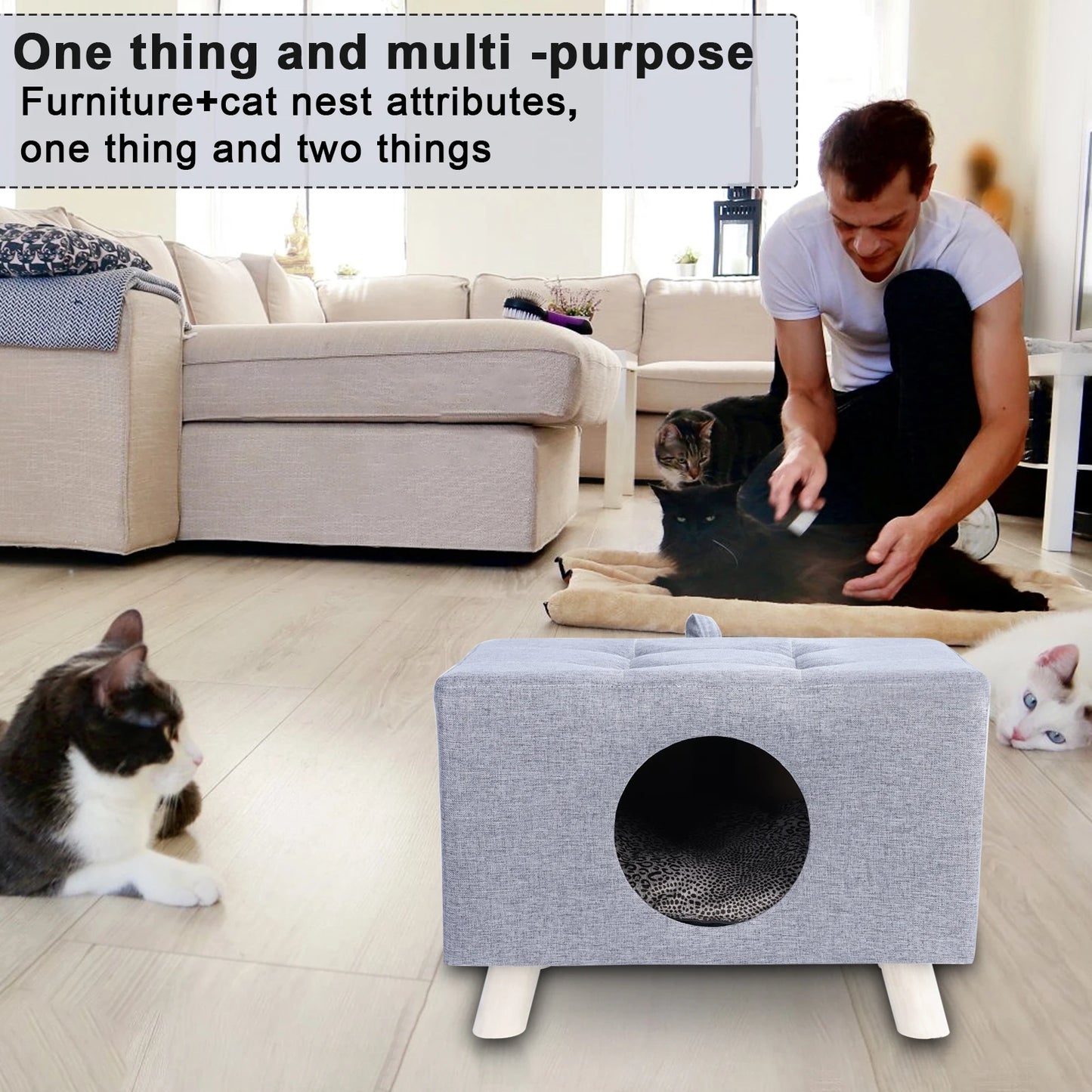 Wooden Cat House Cube With Mat And Cushion Bed For Cats