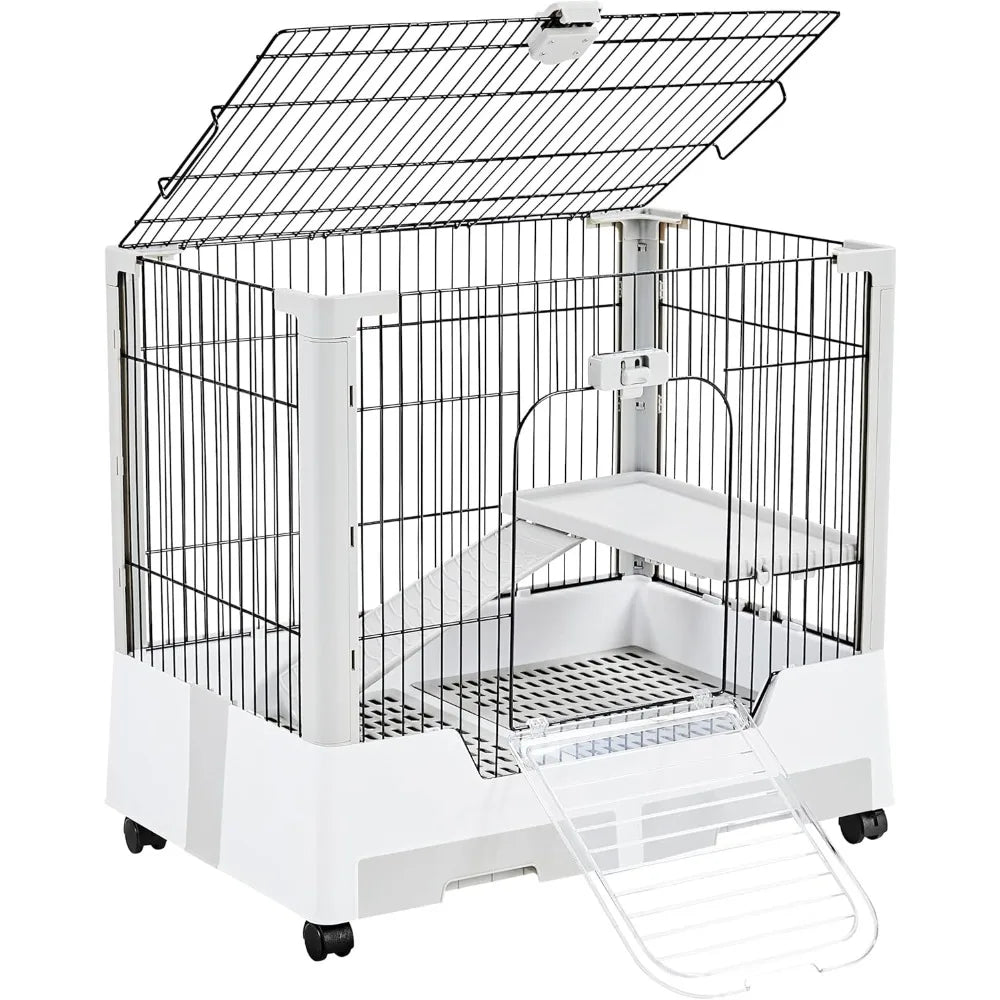 30 Inch Small Animal Cage 2 Level Open Top Rabbit Cage on Wheels with Pull Out Tray for Guinea Pig Ferret Chinchilla Kitten