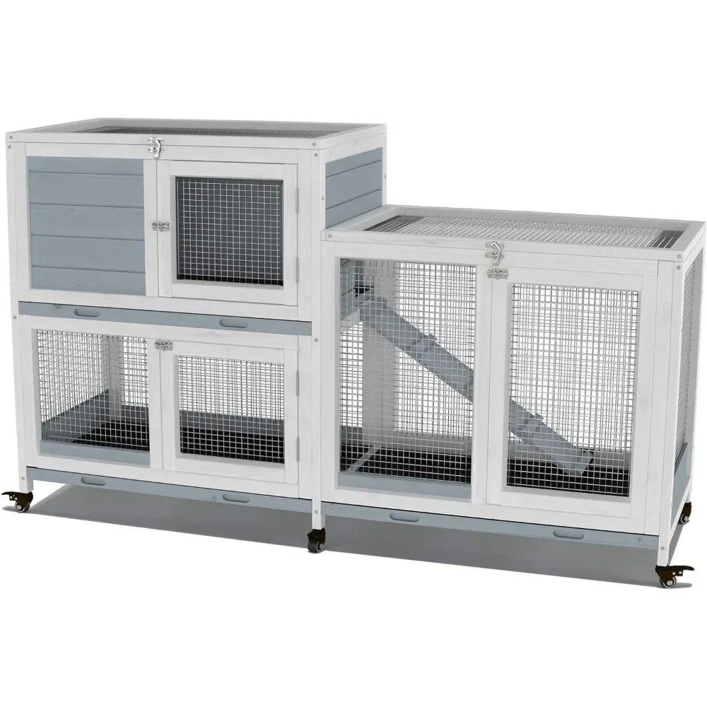 Two Floors 58 Inch Wooden Indoor Bunny Hutch Rabbit Cage on Wheels Guinea Pig Pet House for Small to Medium Animals
