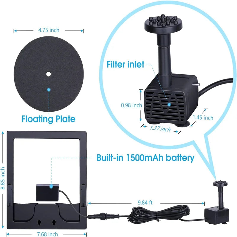 6.5W solar fountain, solar powered water pump with battery, equipped with 6 nozzles, used for bird bath aquarium pond or garden