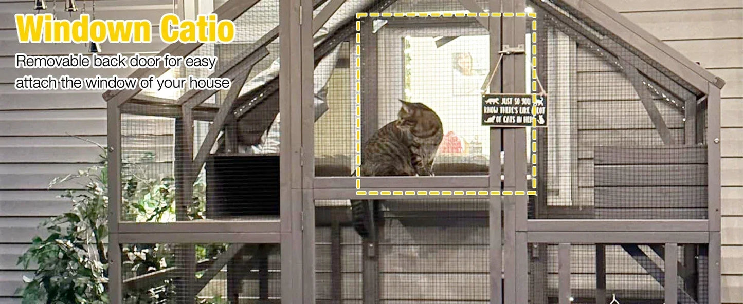 Cat Enclosure Outdoor Cat Catio Large Cat Run with Bridges, Walks, Small Houses, Roof Cover 28.27ft cat cage cat house