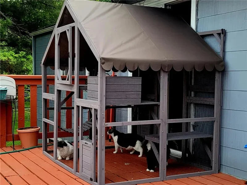 Cat Enclosure Outdoor Cat Catio Large Cat Run with Bridges, Walks, Small Houses, Roof Cover 28.27ft cat cage cat house