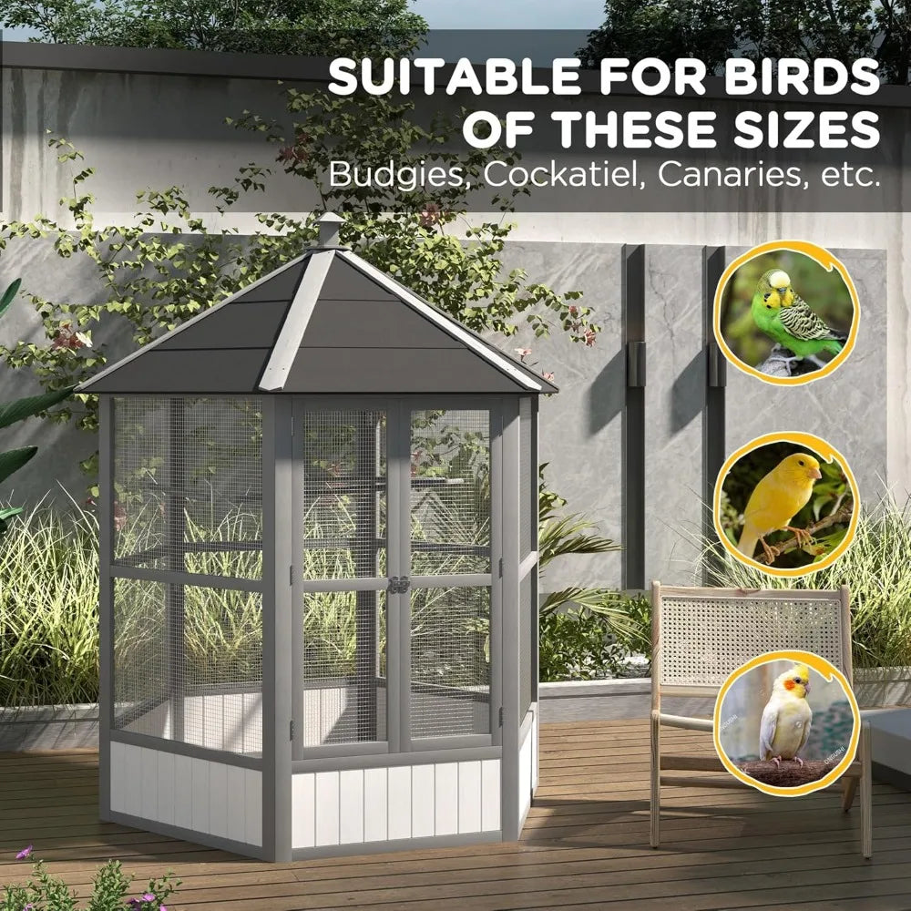 69 Inch Large Wooden Hexagonal Outdoor Aviary Flight Bird Cage with Covered Roof
