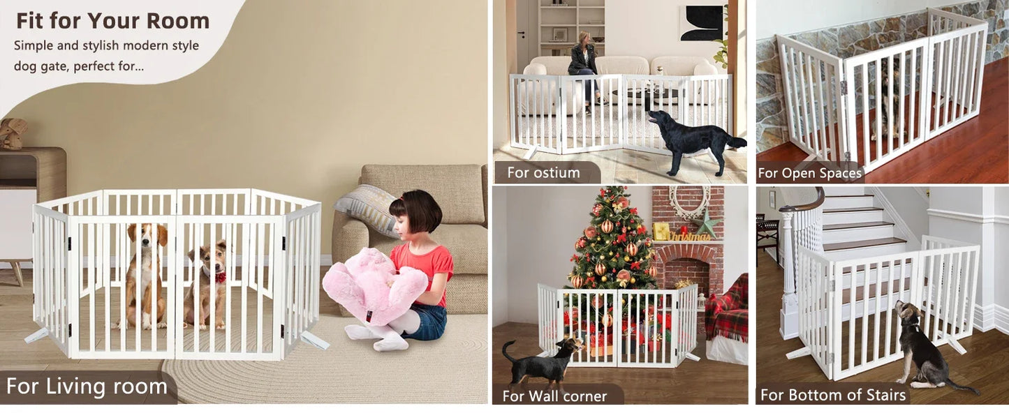 Dog Gate Indoor Freestanding Wooden Pet Fence for Home