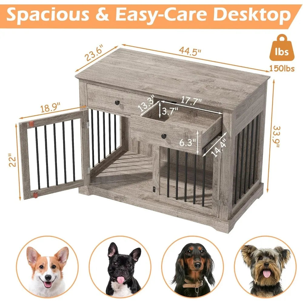 Dog Crate Furniture, 44 Inch Wooden Kennel with Drawers