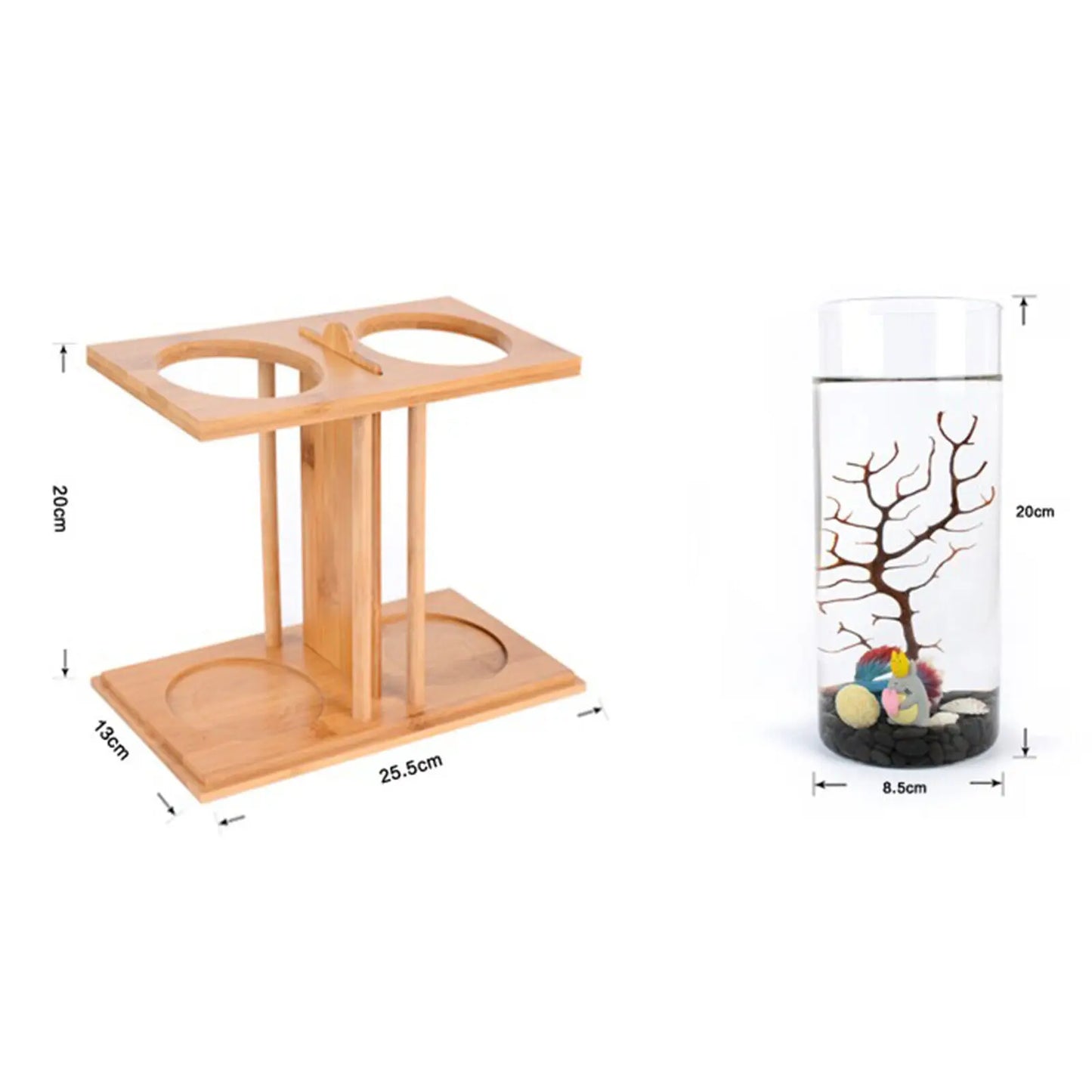 Glass Betta Fish Tank with Bamboo Base Mini Aquarium for Desktop Use
