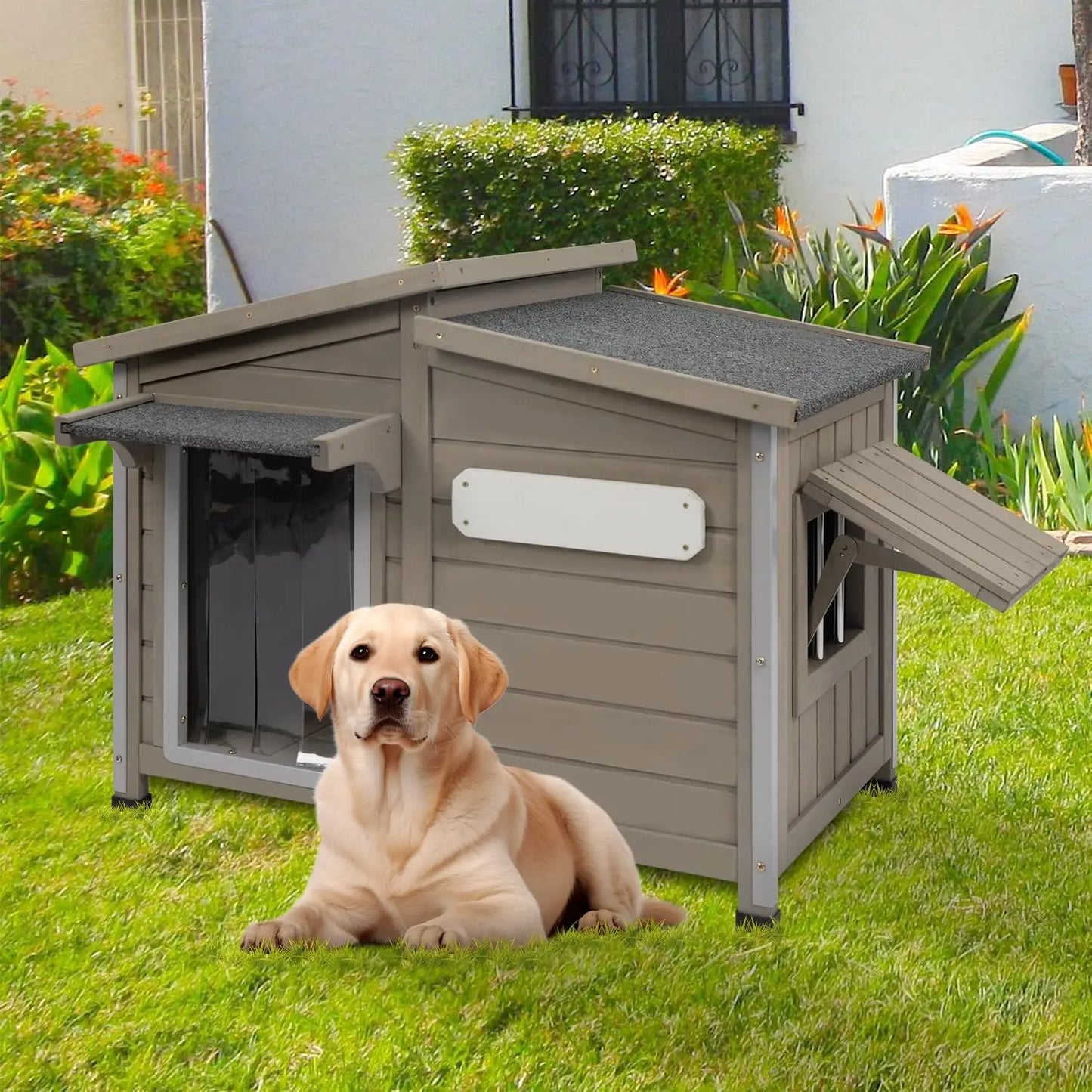 Dog House Outdoor Weatherproof Large Wooden Dog Kennel Indoor with Chew-Proof Iron Frame Removable Floor