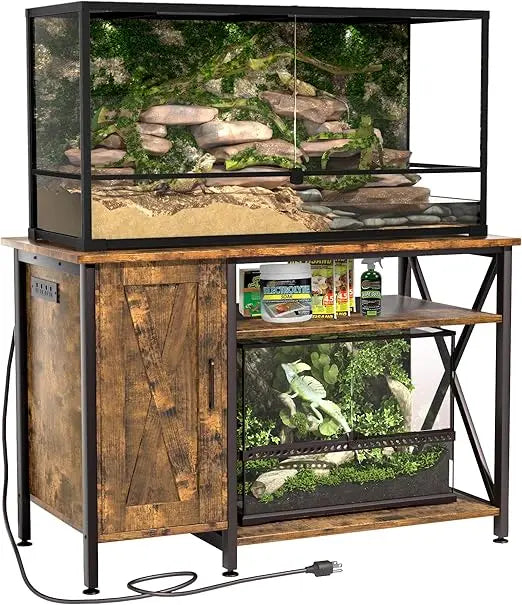 40-120 Gallon Reptile Tank Stand with Power Outlet Rustic Brown Terrarium Stand with Storage Cabinet 48 Inch X 24 Inch Tabletop