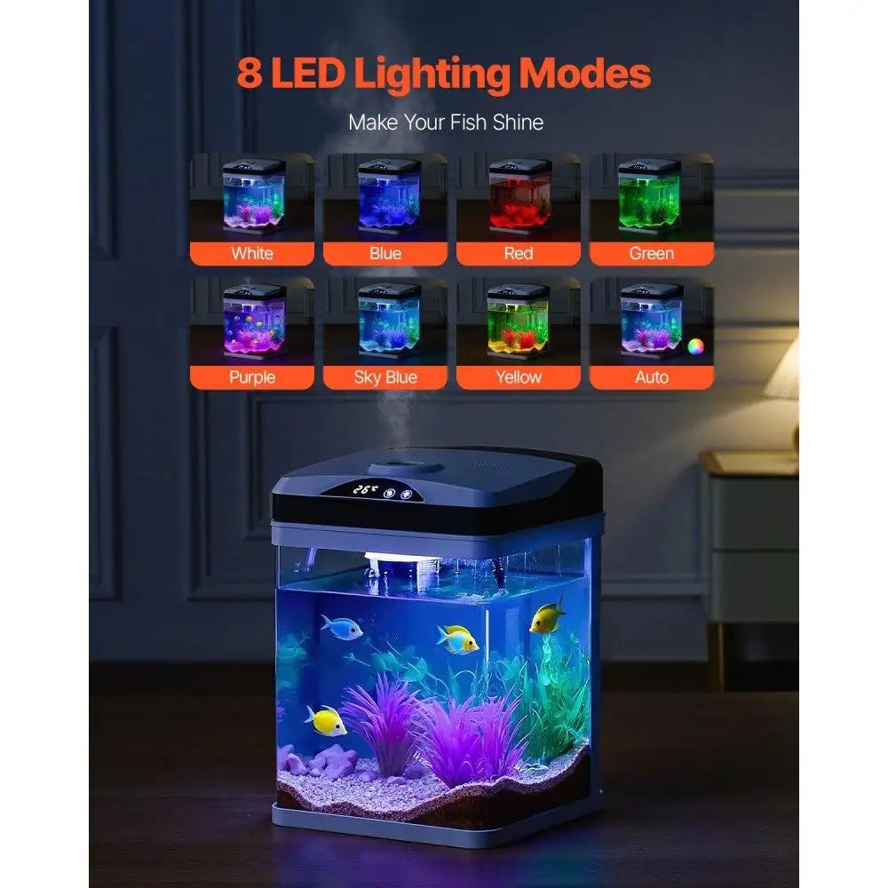 2 Gallon Smart Aquarium Fish Tank Clear Glass Self Cleaning With 7 Color Lighting System