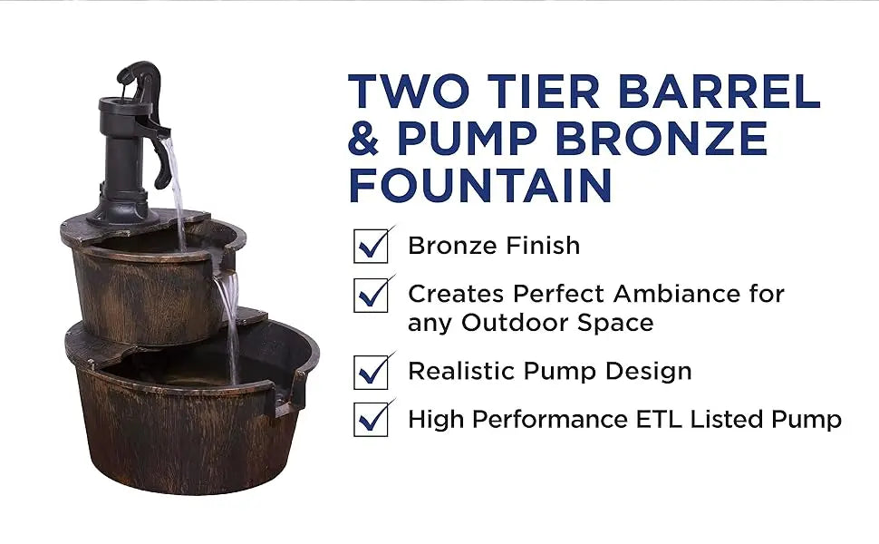 Outdoor Floor Rustic 2-Tiered Barrel and Pump Water Fountain, Old-Fashioned Fountain, 27", Bronze