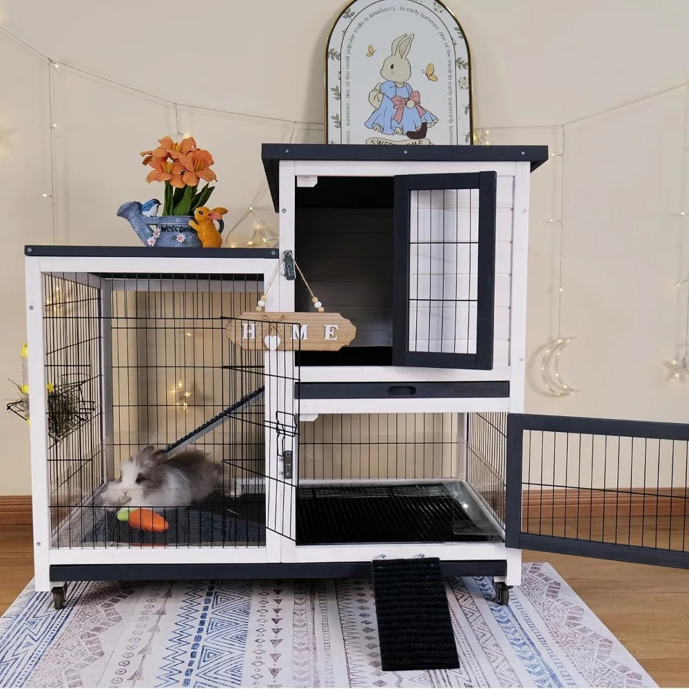 Rabbit Hutch Indoor Bunny Cage Outdoor with Urine Guards Two Storey Mobile Guinea Pig Cage Wire Bottom and Two Trays