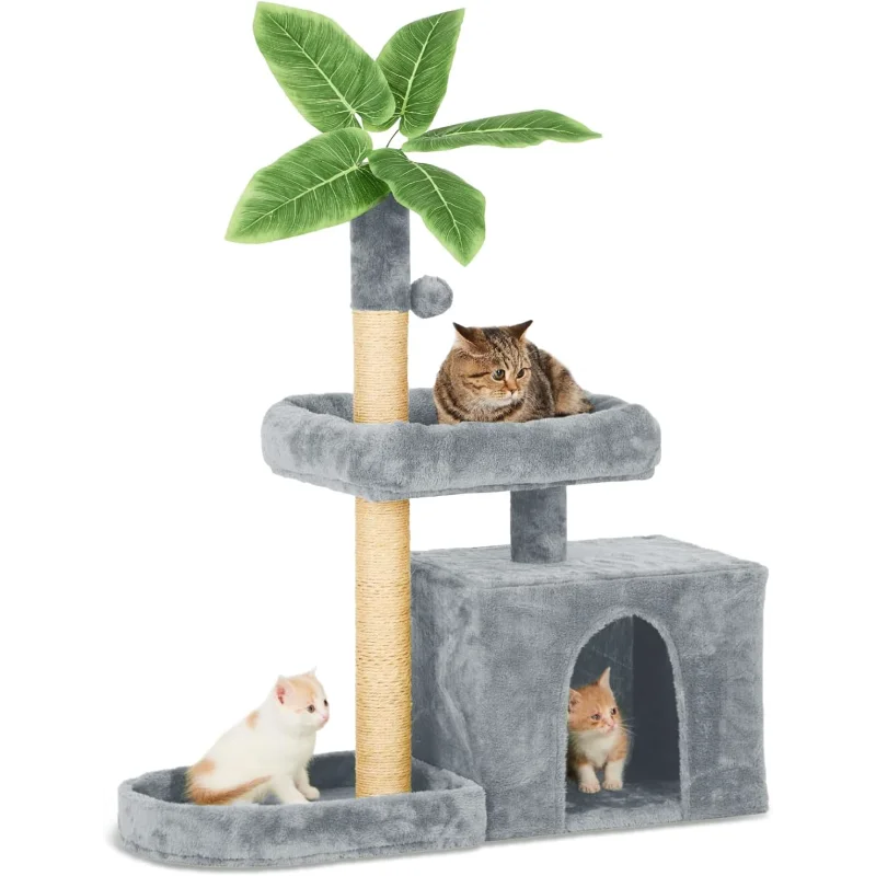 31.5" Cat Tree Tower for Indoor with Green Leaves Design