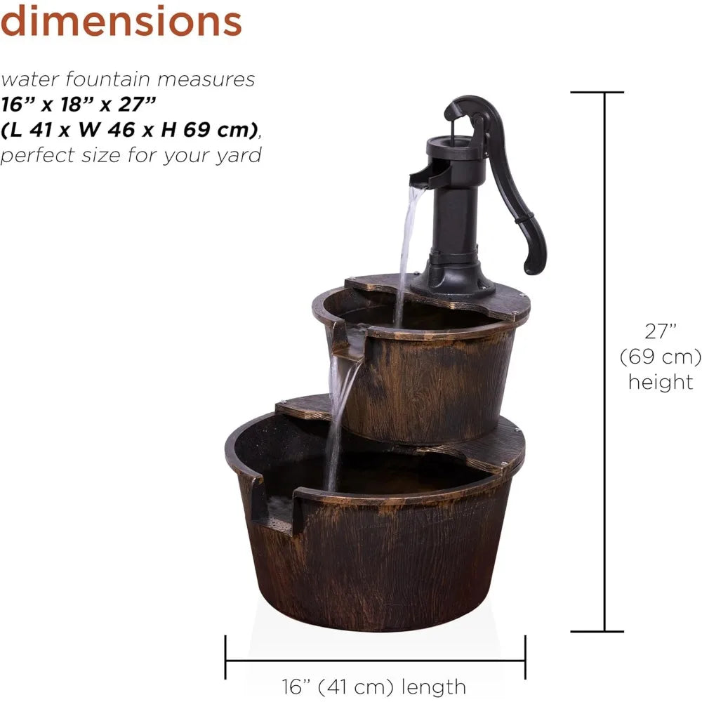 Outdoor Floor Rustic 2-Tiered Barrel and Pump Water Fountain, Old-Fashioned Fountain, 27", Bronze