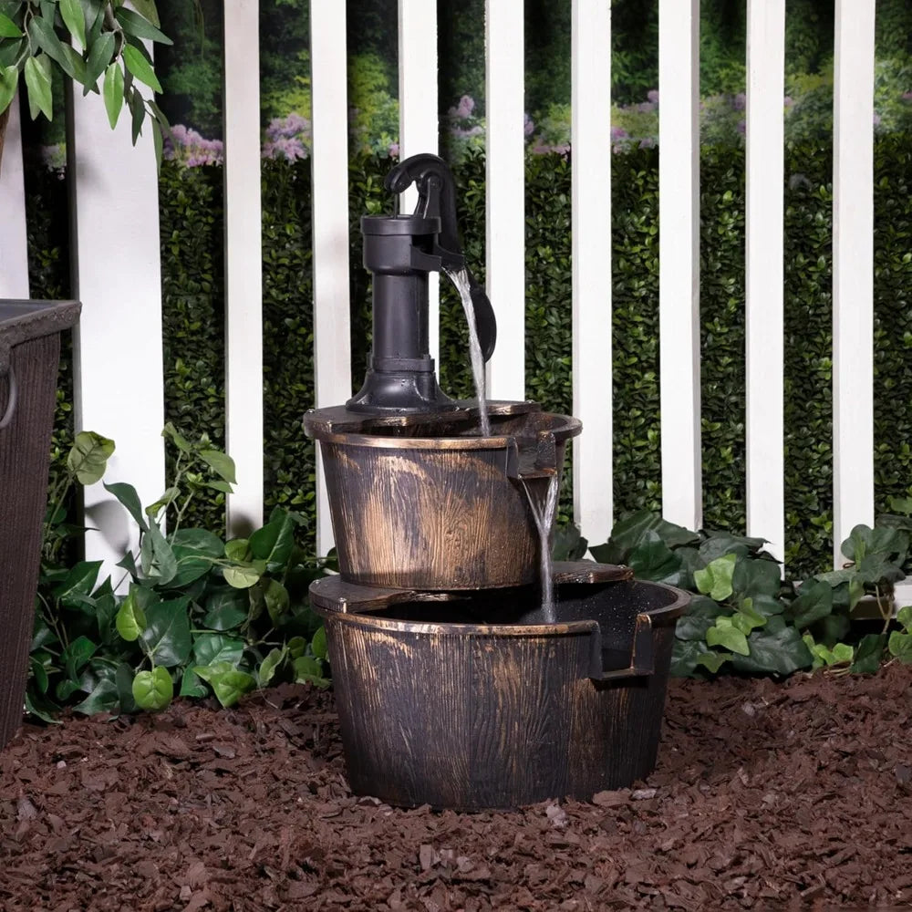 Outdoor Floor Rustic 2-Tiered Barrel and Pump Water Fountain, Old-Fashioned Fountain, 27", Bronze