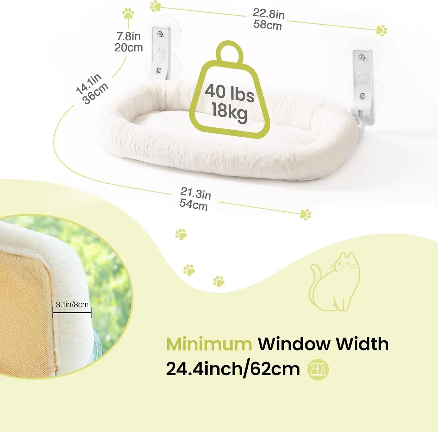 Mewoofun Foldable Cat Window Perch with Strong Suction Cups Cordless Cat Hammock Removable Soft Cover in White Brown and Green