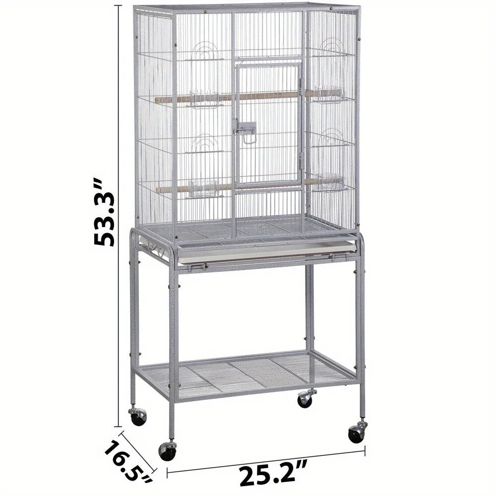 53 Inch Flight Bird Cage Large Wrought Iron Parrot Cage with Rolling Stand Black and White