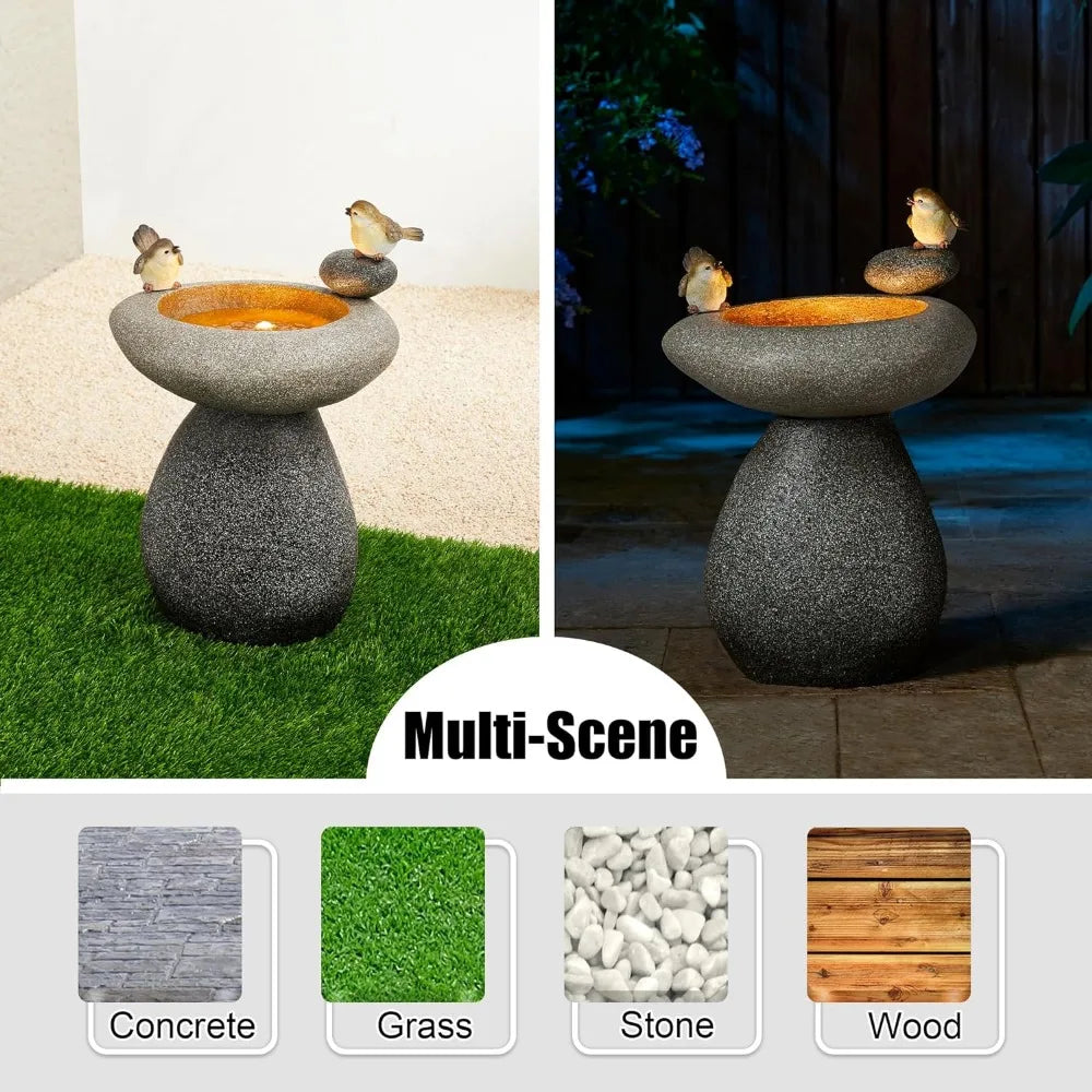 20.75" H Outdoor Water Fountain with LED Light and Pump, Zen Style Faux Stone Texture Birdbath Outdoor Fountain with Birds Decor