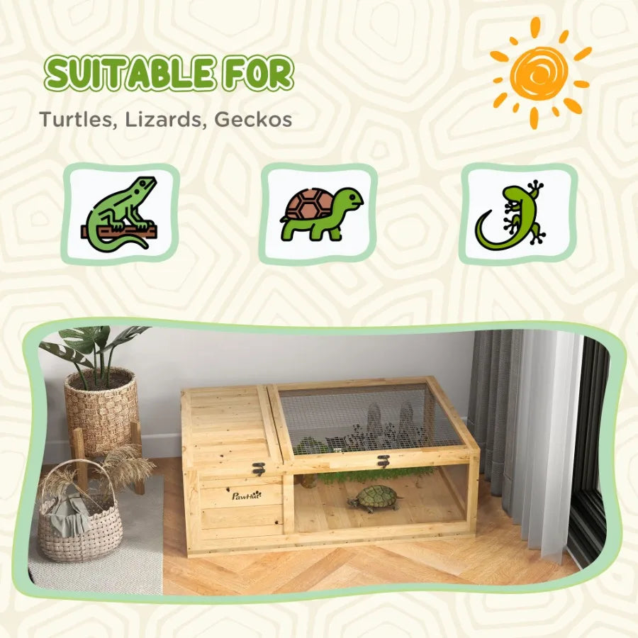 PawHut Wooden Tortoise House Indoor Turtle Habitat Outdoor Reptile Cage for Lizards and Geckos Yellow
