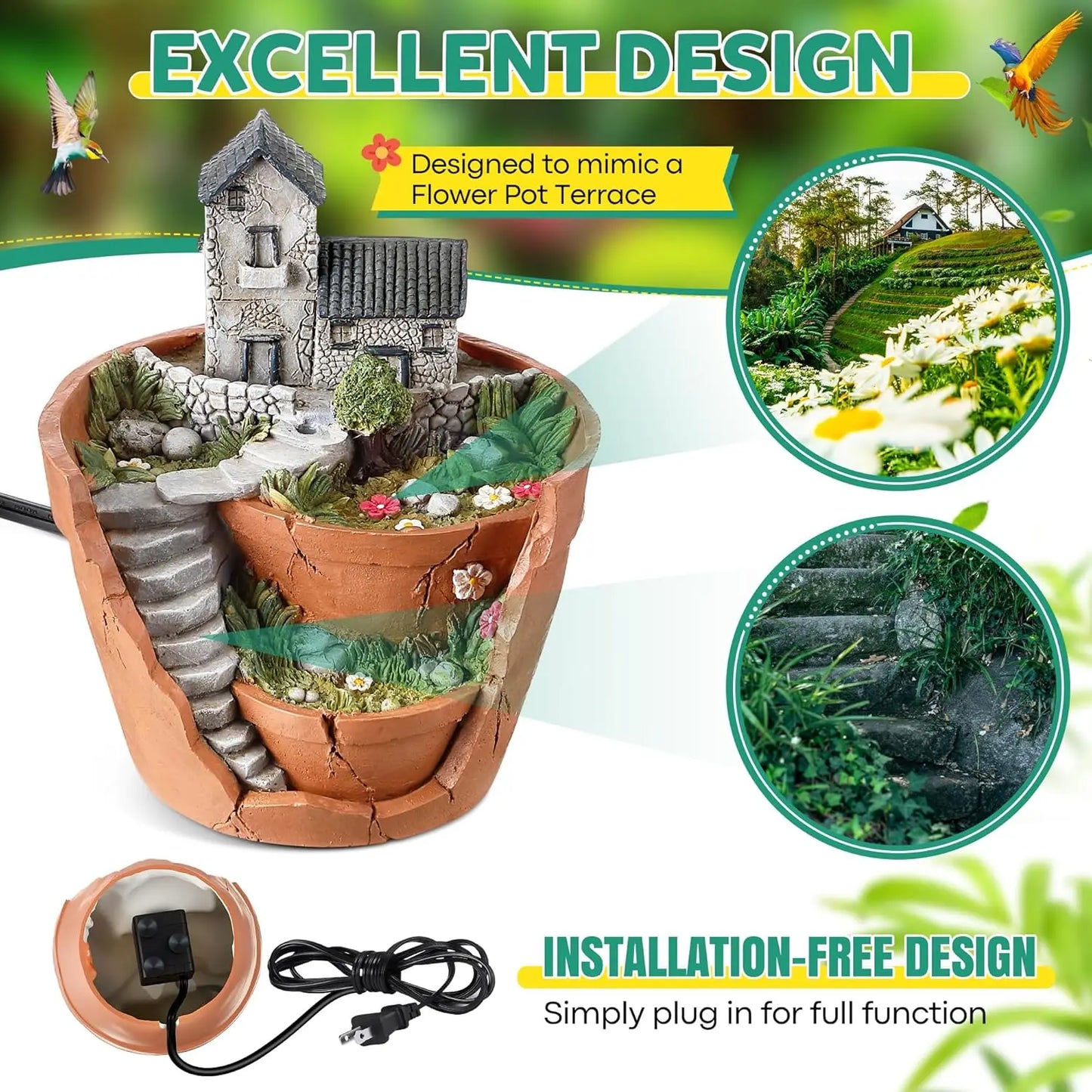 Bird Bath Fountain With Pump Water Wiggler for Gardens
