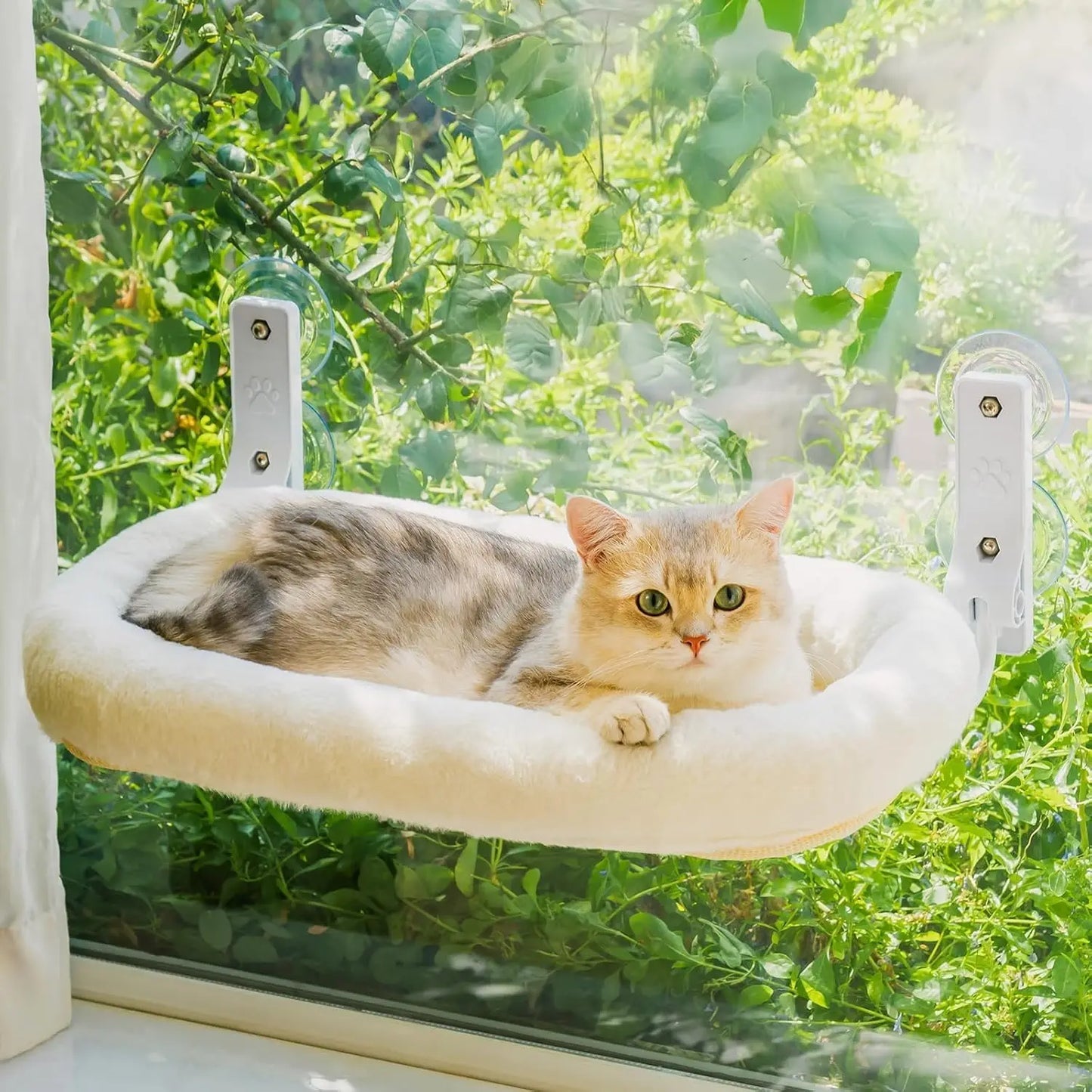 Mewoofun Foldable Cat Window Perch with Strong Suction Cups Cordless Cat Hammock Removable Soft Cover in White Brown and Green