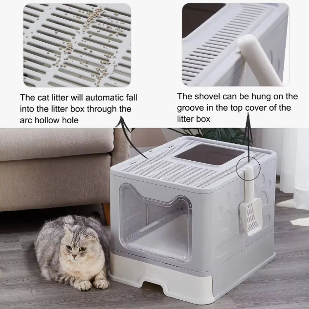 Convenient Foldable Litter Box Drawer Design with Scooper for Easy Cat Waste Management