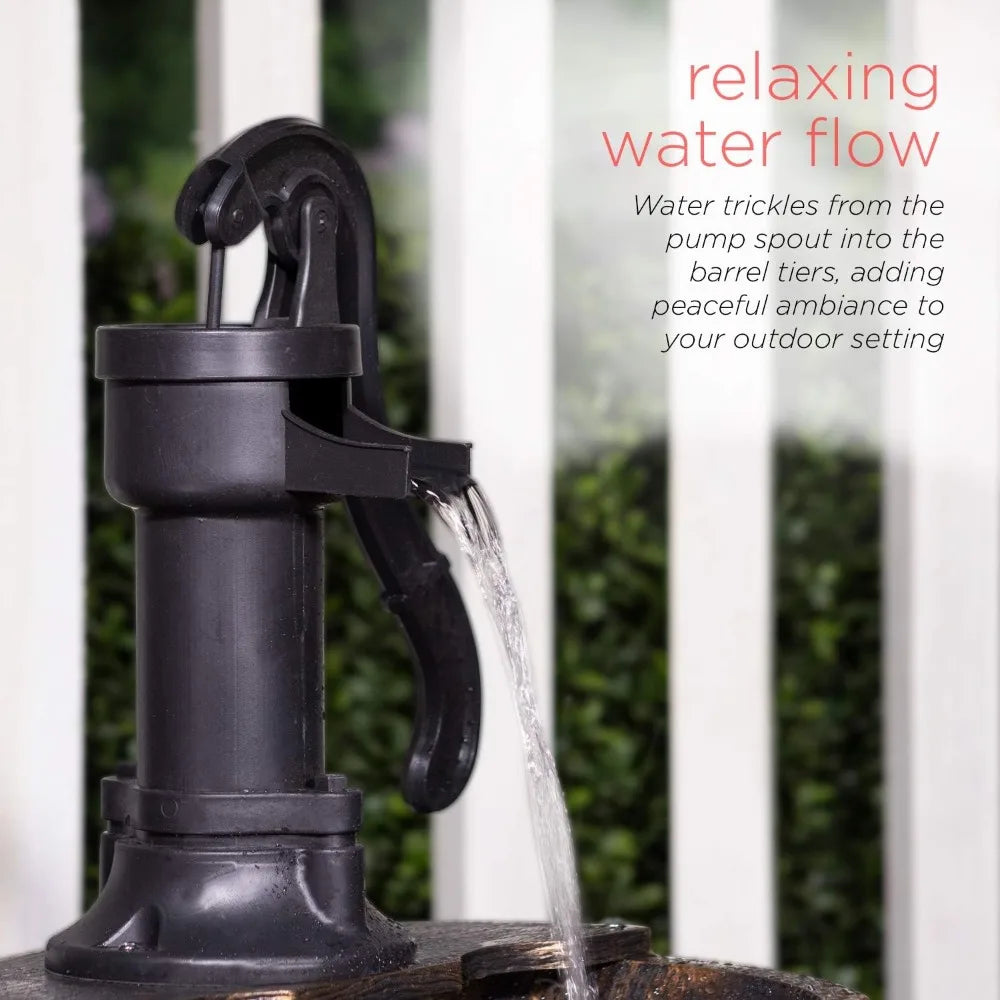 Outdoor Floor Rustic 2-Tiered Barrel and Pump Water Fountain, Old-Fashioned Fountain, 27", Bronze