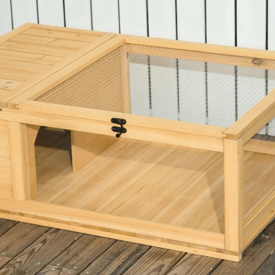 PawHut Wooden Tortoise House Indoor Turtle Habitat Outdoor Reptile Cage for Lizards and Geckos Yellow