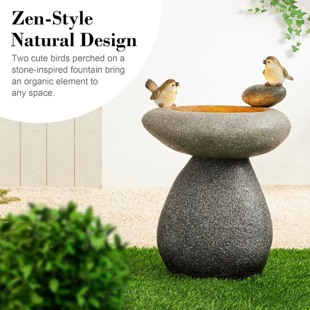 20.75" H Outdoor Water Fountain with LED Light and Pump, Zen Style Faux Stone Texture Birdbath Outdoor Fountain with Birds Decor