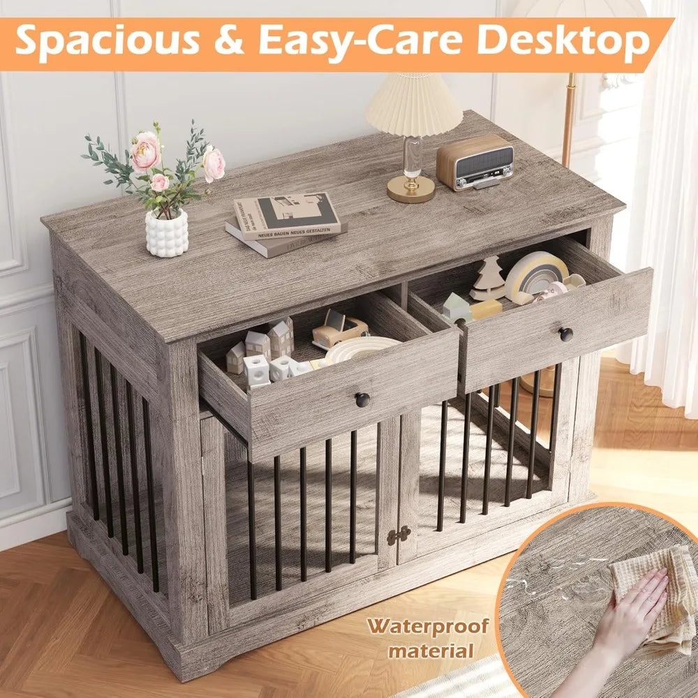 Dog Crate Furniture, 44 Inch Wooden Kennel with Drawers
