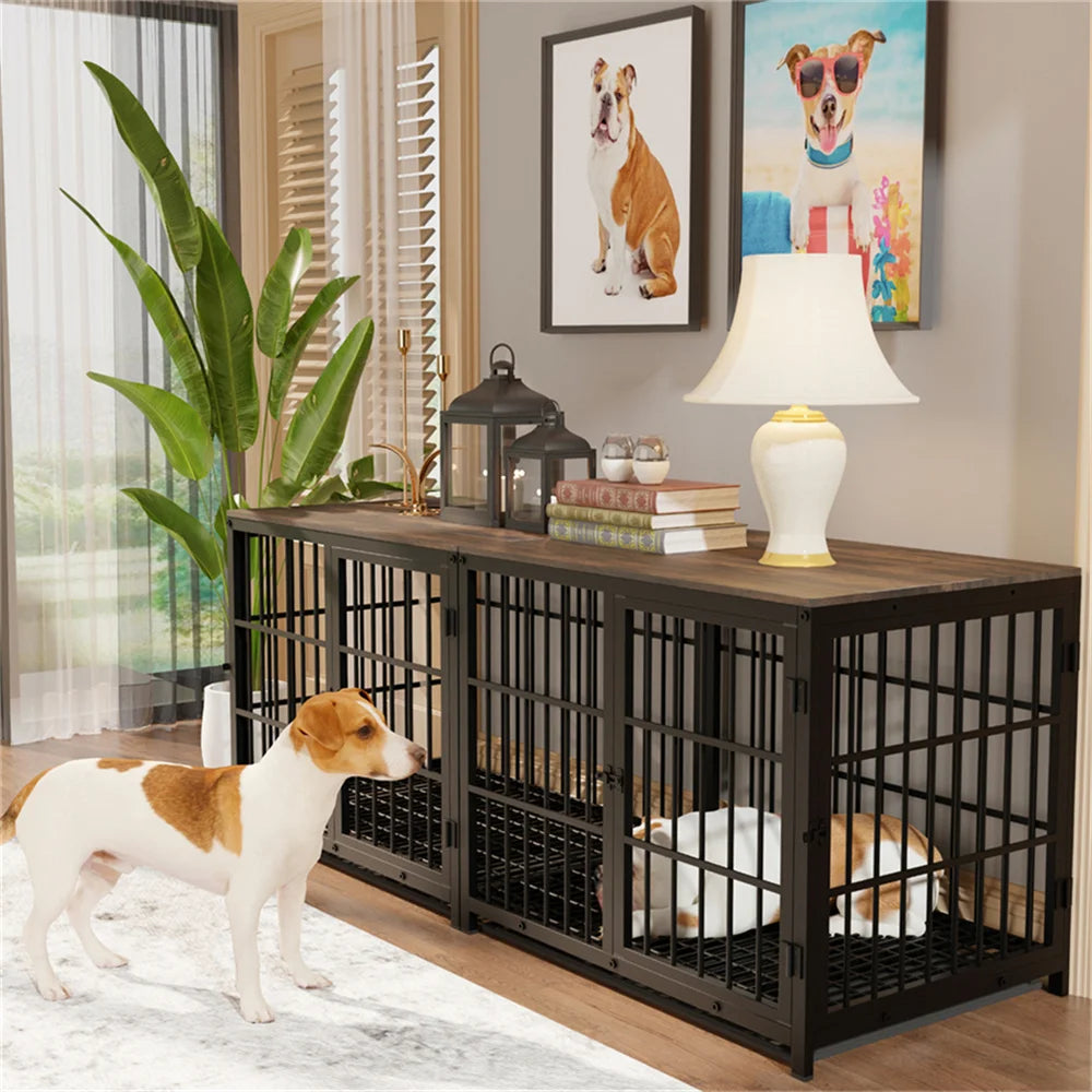 Large Wooden Dog Crate Indoor Furniture Style Elevated Pet Dog Cage Kennel End Table Lattice Playpen with 3 Doors