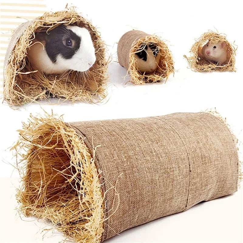 Rabbit Hideaway Toy Grass Straw Bunny Tunnel Hamster Accessories for Guinea Pig Chinchilla Ferret and Rat Cage