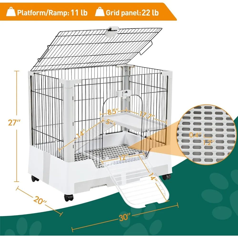 30 Inch Small Animal Cage 2 Level Open Top Rabbit Cage on Wheels with Pull Out Tray for Guinea Pig Ferret Chinchilla Kitten