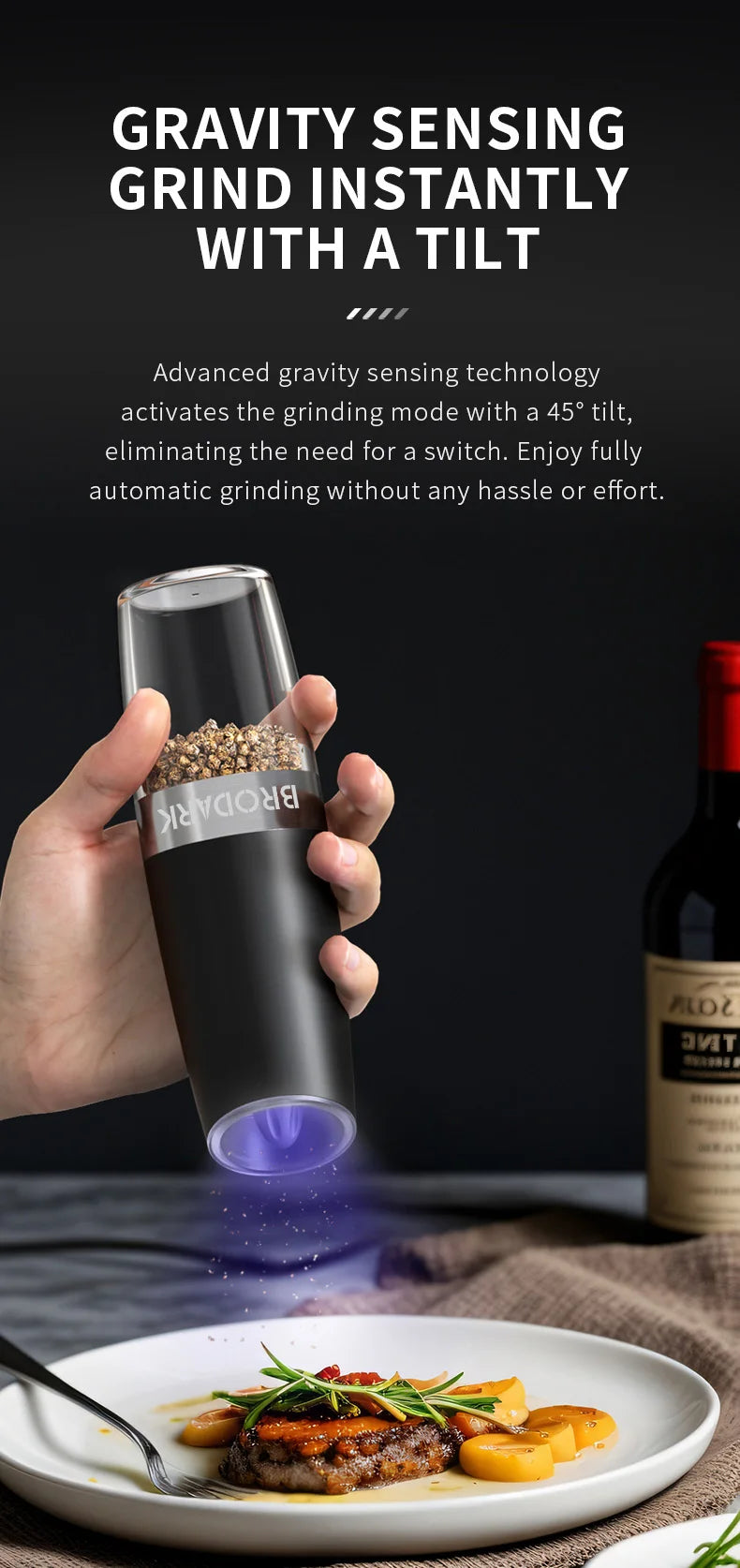 1/2Pcs Gravity Electric Salt And Pepper Grinder Set Battery Powered LED Light One Hand Automatic Operation