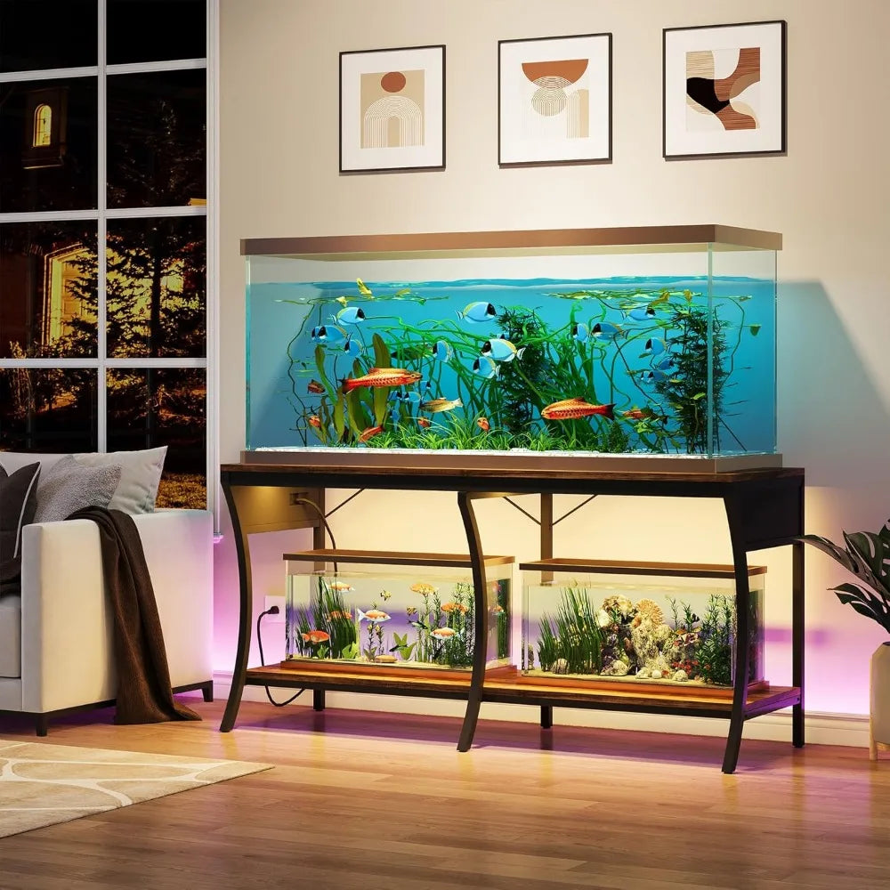 55-90 Gallon Fish Tank Stand 2-Tier Aquarium Stand with LED Light Strip and Power Outlets Metal Frame Reptile Tank Stand