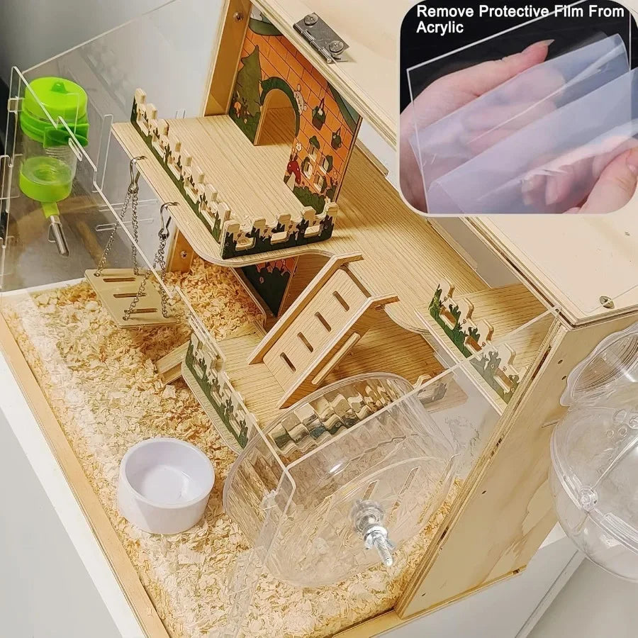 11 In 1 Wooden Hamster Cage With All Accessories 15.8 Inch Three Layer Dwarf Hamster Cage Pastoral Style