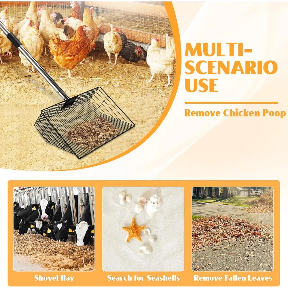 15inch Extra Large Chicken Poop Scooper, Heavy Duty Chicken Coop Scoop for Poop with 24 to 68" Stainless Steel Adjustable