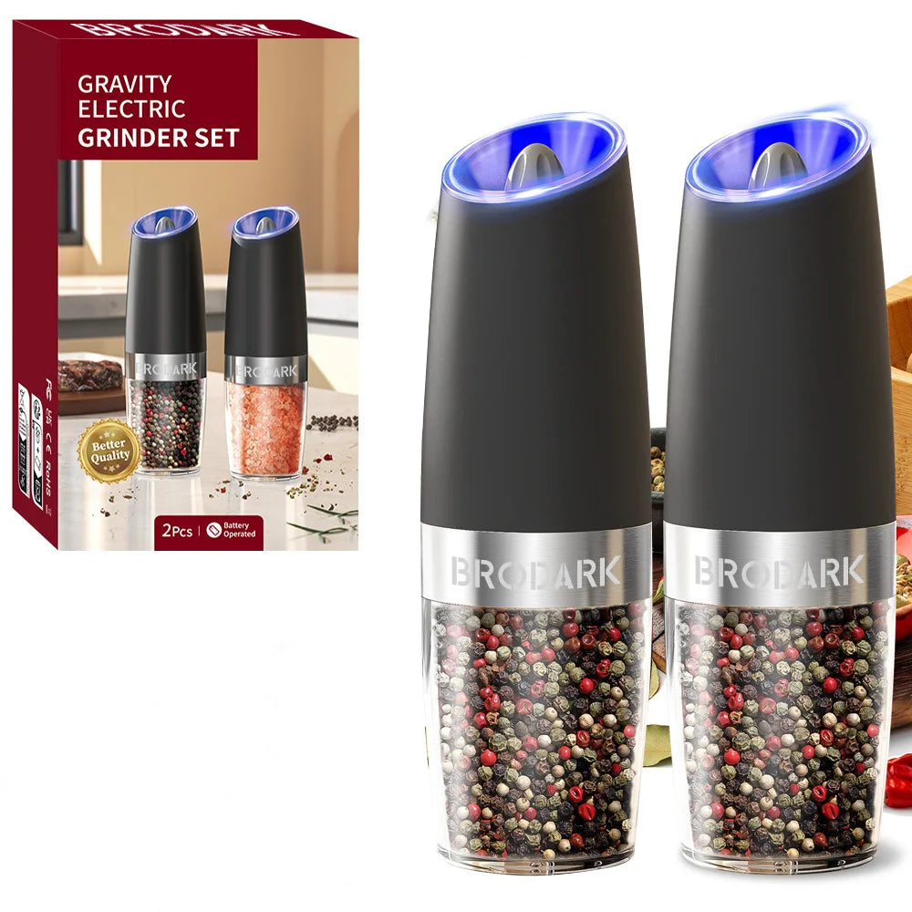 1/2Pcs Gravity Electric Salt And Pepper Grinder Set Battery Powered LED Light One Hand Automatic Operation