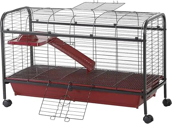 41 Inch Small Animal Cage Rabbit Hutch Ferret Pet Play House with Feeder Rolling Wheels Platform and Ramp