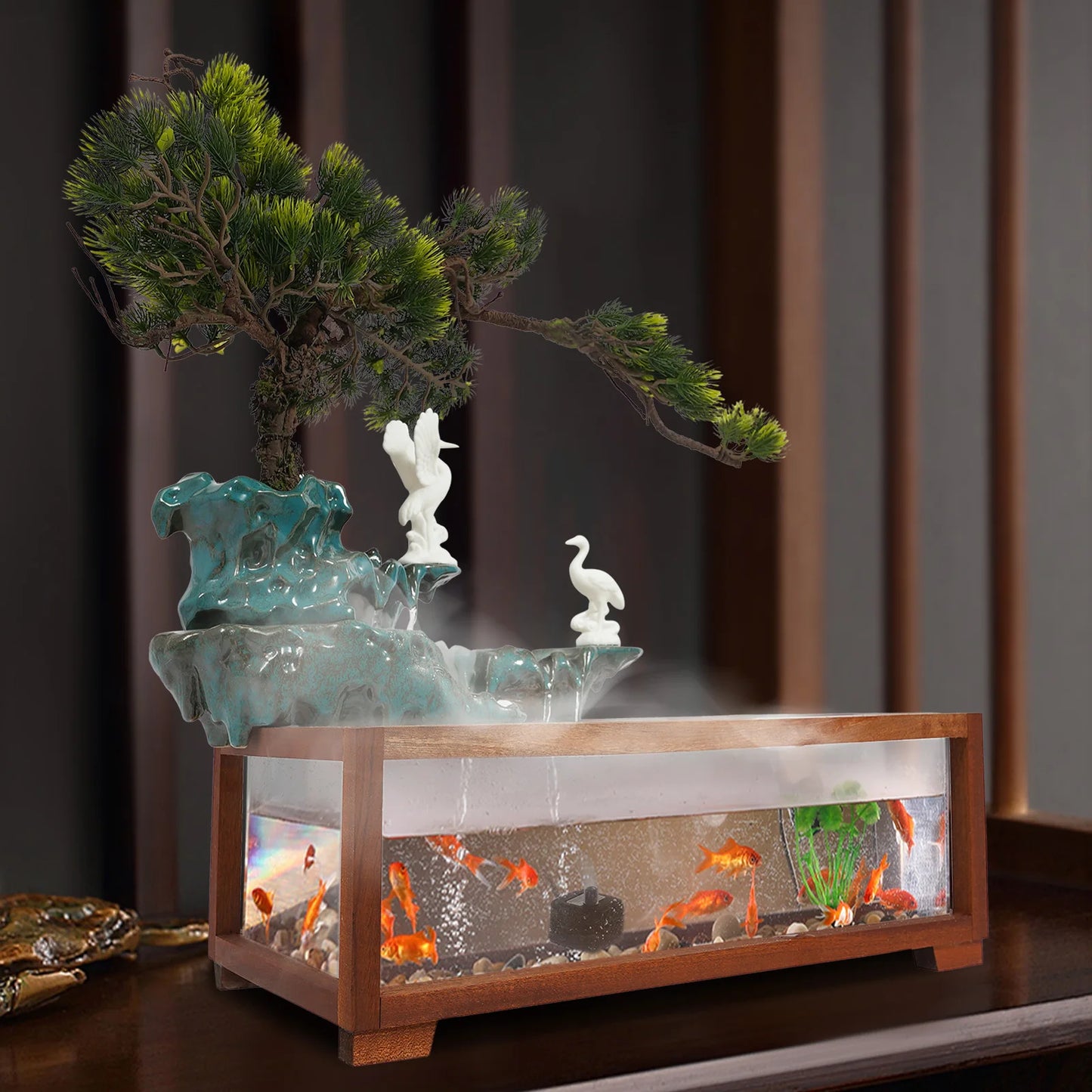Fish Tank Flowing Ornament LED Light Tabletop Fountain Indoor Fountain for Living Room Bedroom Dining Room