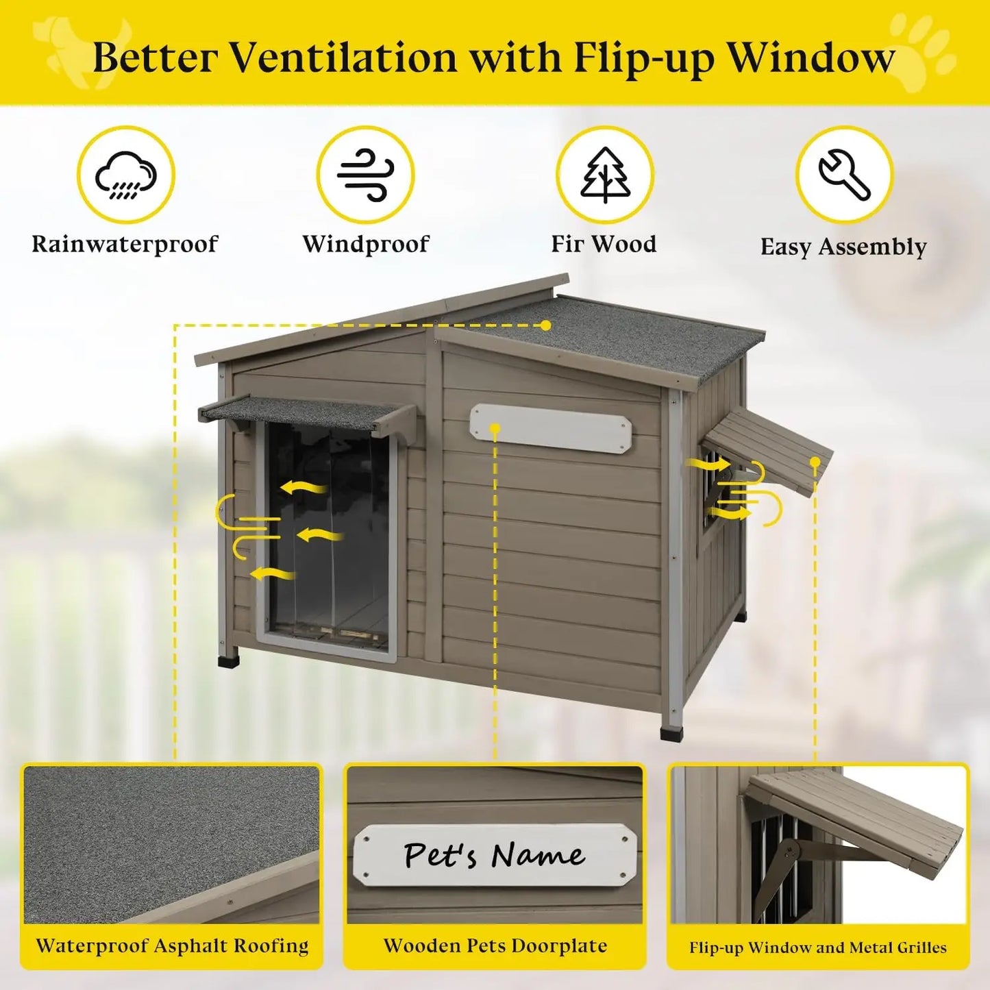 Dog House Outdoor Weatherproof Large Wooden Dog Kennel Indoor with Chew-Proof Iron Frame Removable Floor