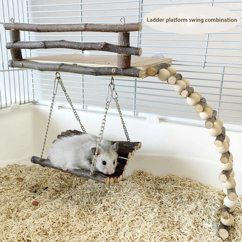 Hamster Climbing Toys Small Animals Pets Exercise Activity Set Natural Wooden Living Climb System With Ladder Swing