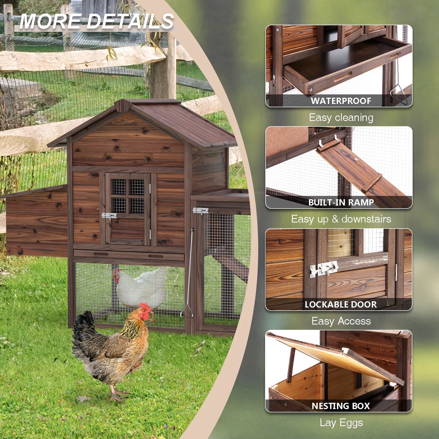 Wooden Chicken Coop for 5 Chickens with Nesting Box Tray