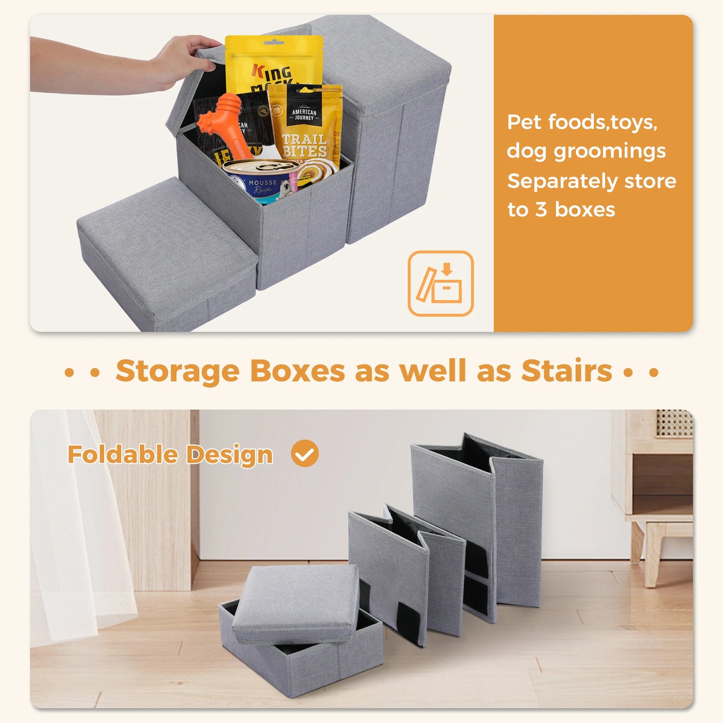 3-Tier Dog Stairs Foldable Pet Stair with Storage Box