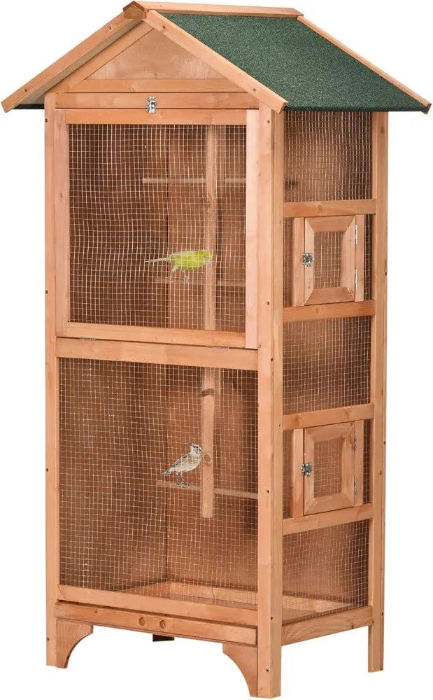 60 Inch Wooden Outdoor Bird Cage for Finches and Parakeets Large Bird Cage with Removable Bottom Tray and Four Perches Orange