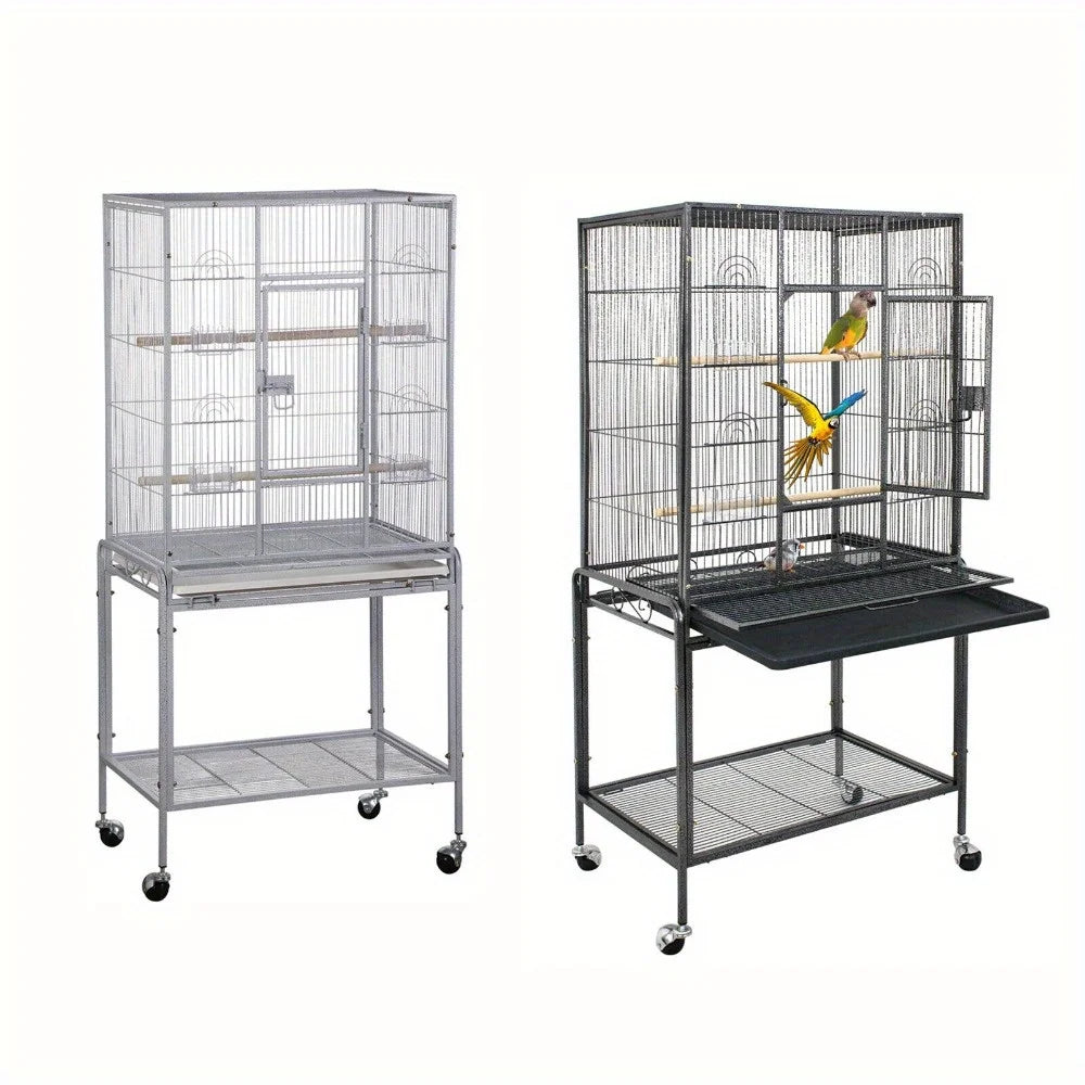 53 Inch Flight Bird Cage Large Wrought Iron Parrot Cage with Rolling Stand Black and White