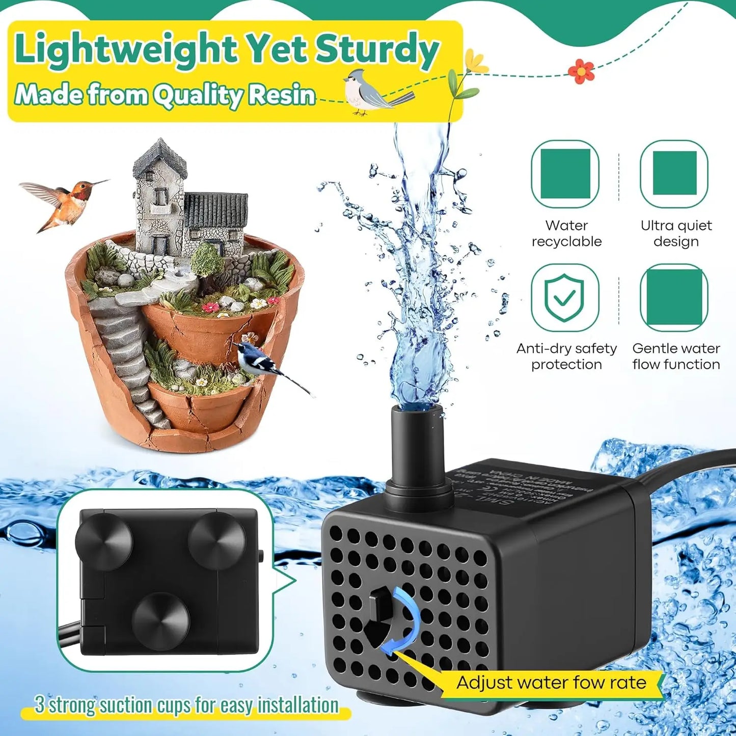 Bird Bath Fountain With Pump Water Wiggler for Gardens
