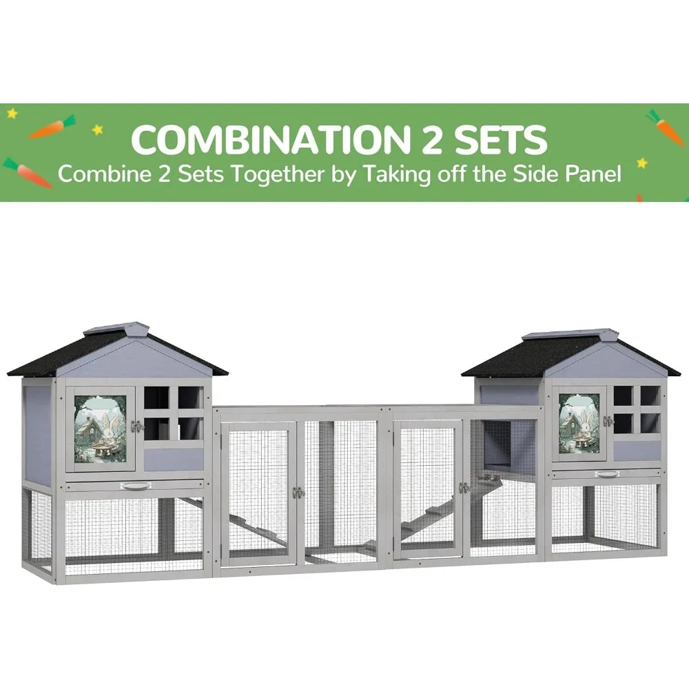 48 Inch Rabbit Cage Bunny Hutch Outdoor Indoor Expandable Two Story Large Wooden Small Animal Cage with Run Removable Tray Top Open